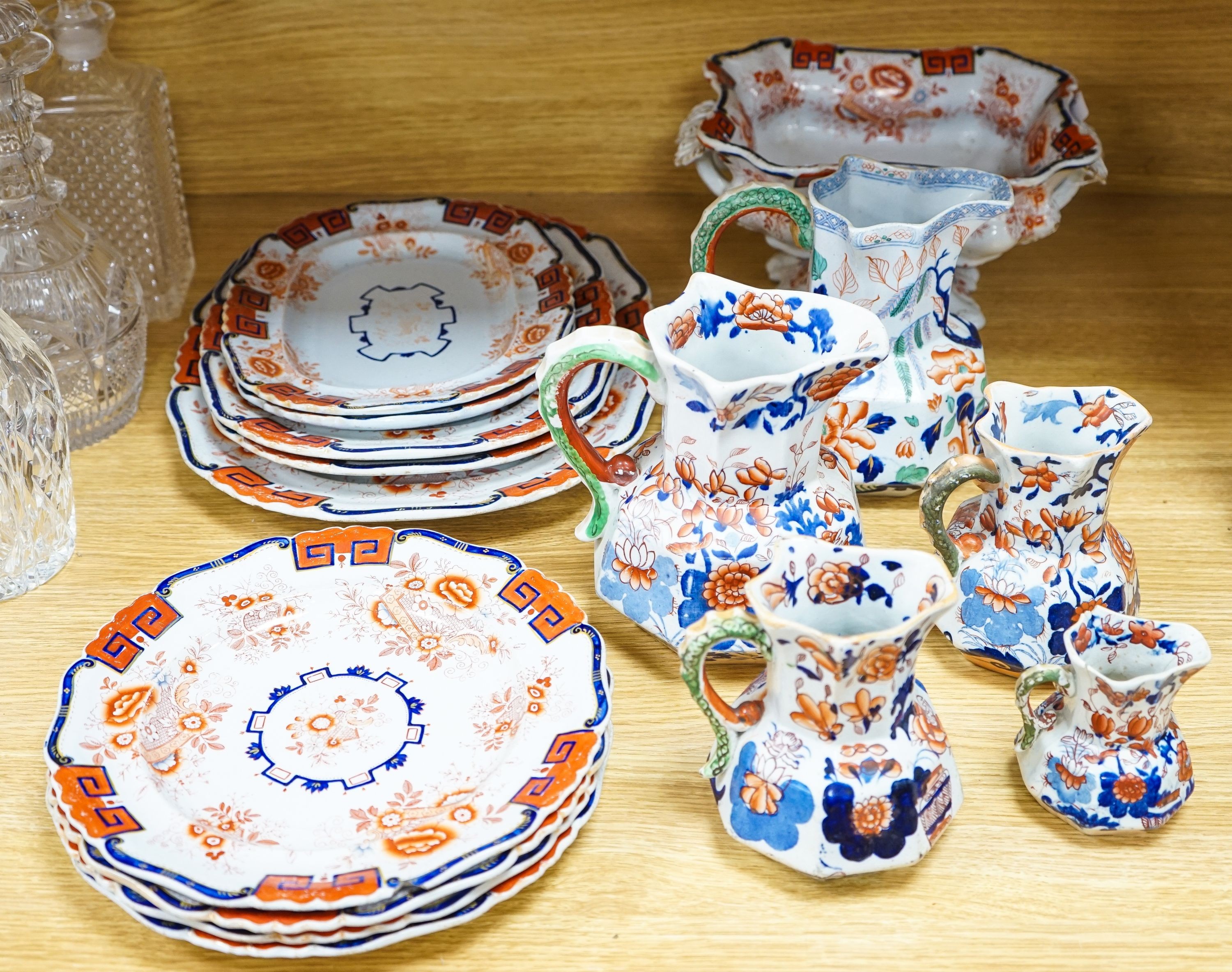 Five Masons ironstone jugs and a Masons ironstone part dinner service, to include a tureen and an oval dish